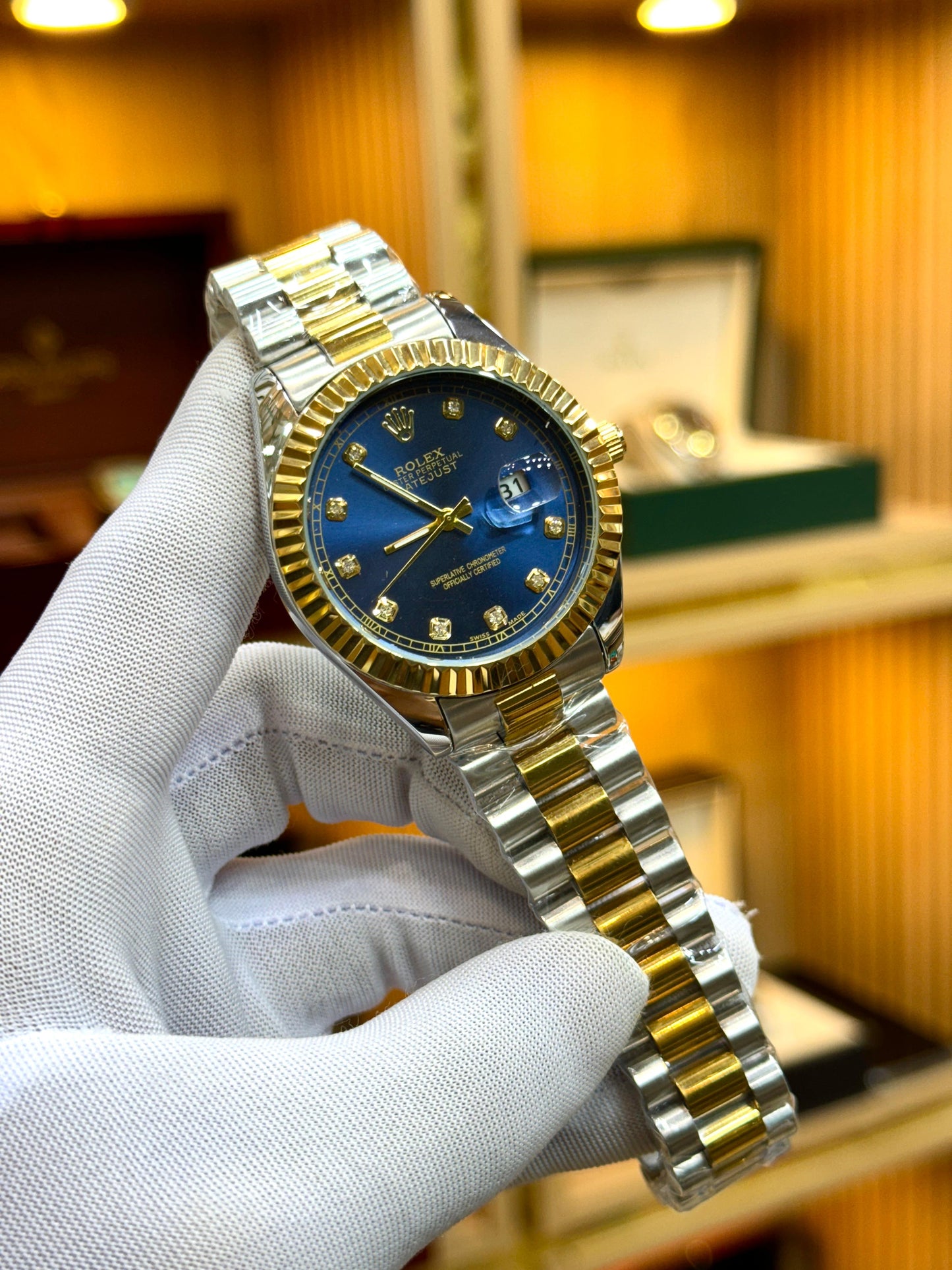 Royal Blue Swiss-Made Watch | Two-Tone Gold & Silver Luxury Timepiece with Diamond Dial