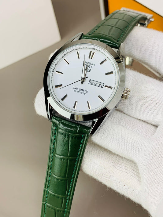 TAG Carrera Caliber 5 | White & Black Dial Green Leather Quartz Watch for Men