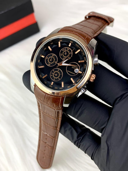 Tissot Chronograph Quartz Watch | Rose Gold Tachymeter & Brown Leather Strap for Men