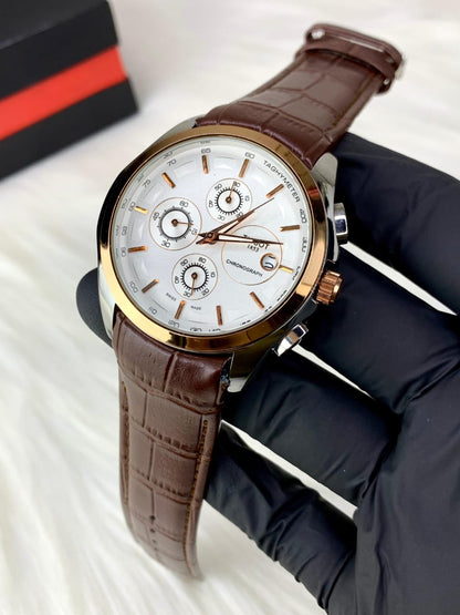 Tissot Chronograph Quartz Watch | Rose Gold Tachymeter & Brown Leather Strap for Men