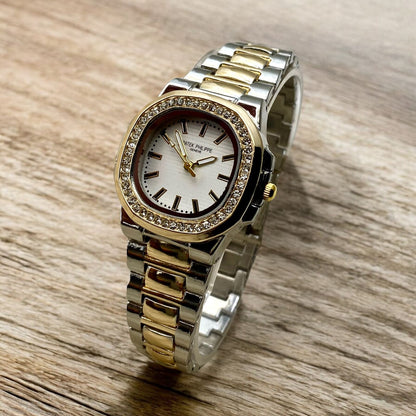 Royal Gold Swiss-Made Watch | Dual-Tone Luxury Timepiece with Crystal Bezel