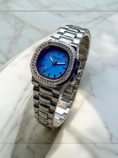 Azure Elegance Swiss-Made Watch | Luxury Stainless Steel Timepiece with Crystal Bezel